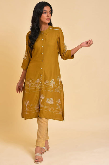 Yellow A-Line Button Down kurta - wforwoman