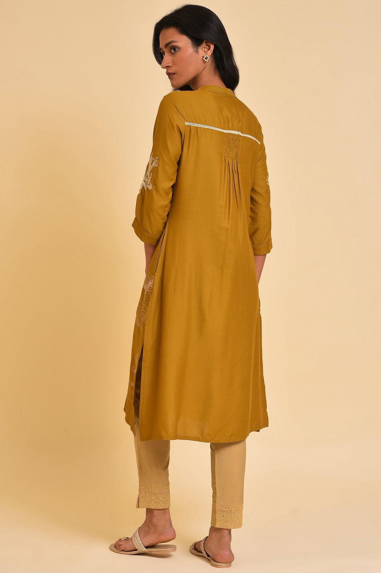Yellow A-Line Button Down kurta - wforwoman