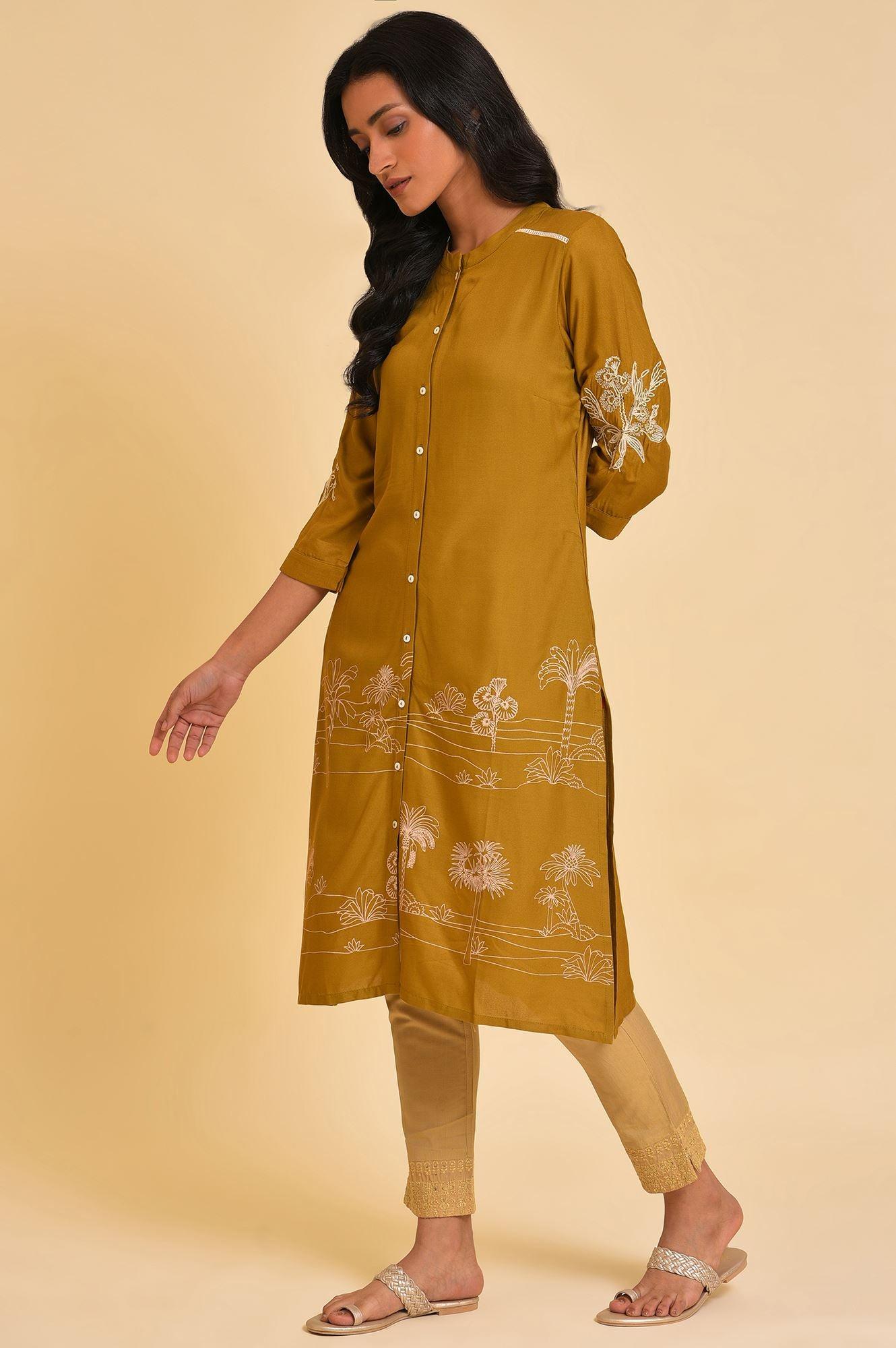 Yellow A-Line Button Down kurta - wforwoman
