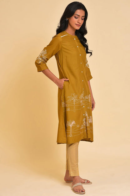 Yellow A-Line Button Down kurta - wforwoman