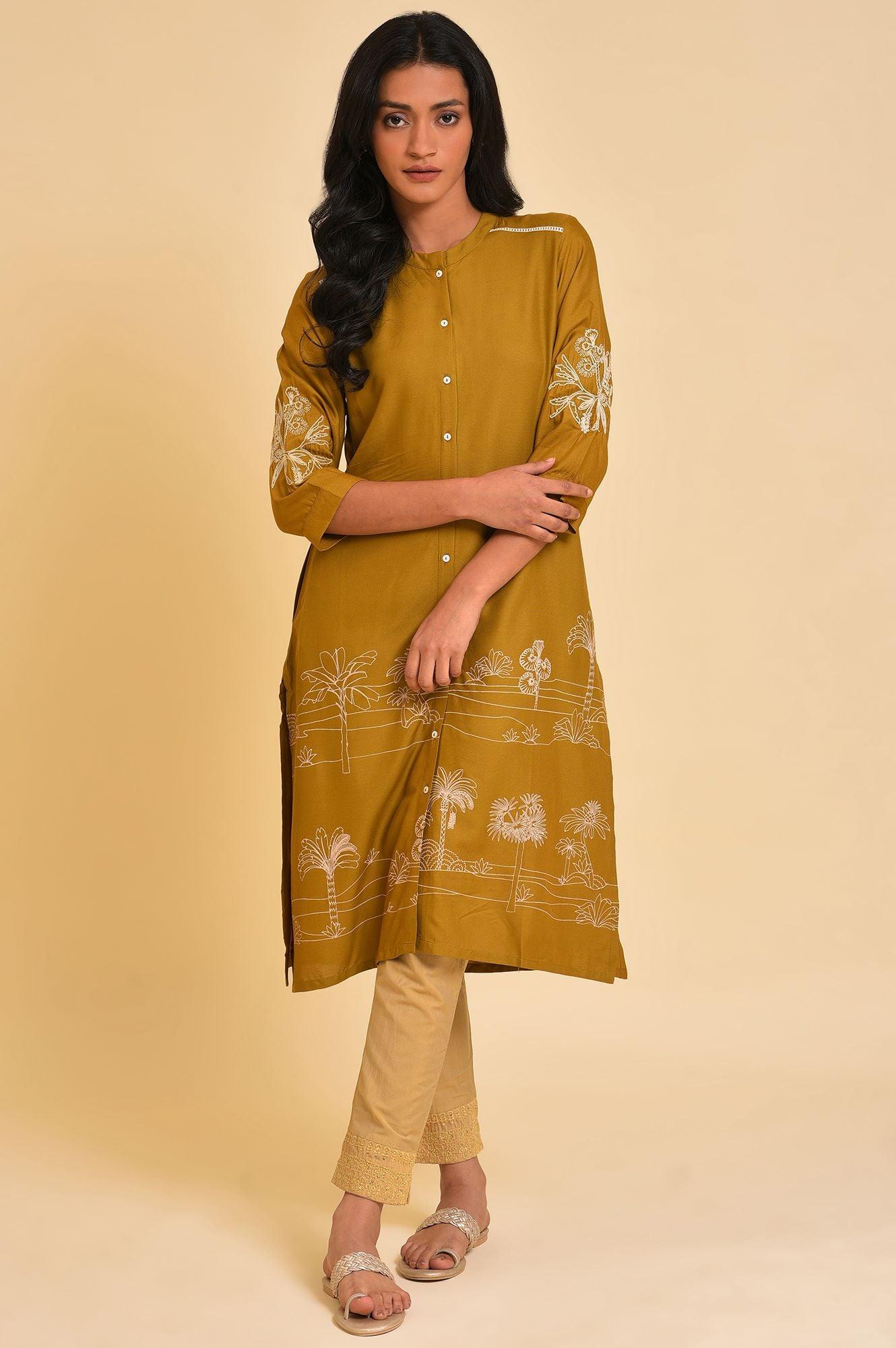 Yellow A-Line Button Down kurta - wforwoman