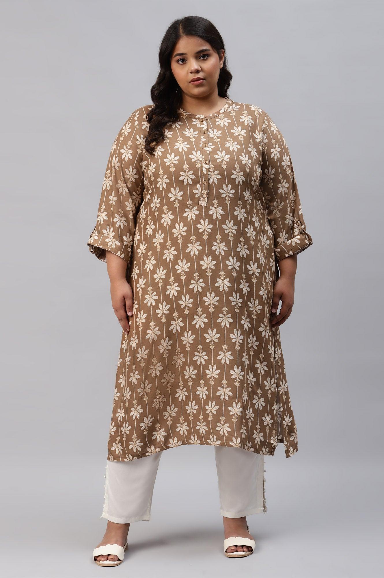Plus Size Brown Printed Button Down kurta - wforwoman