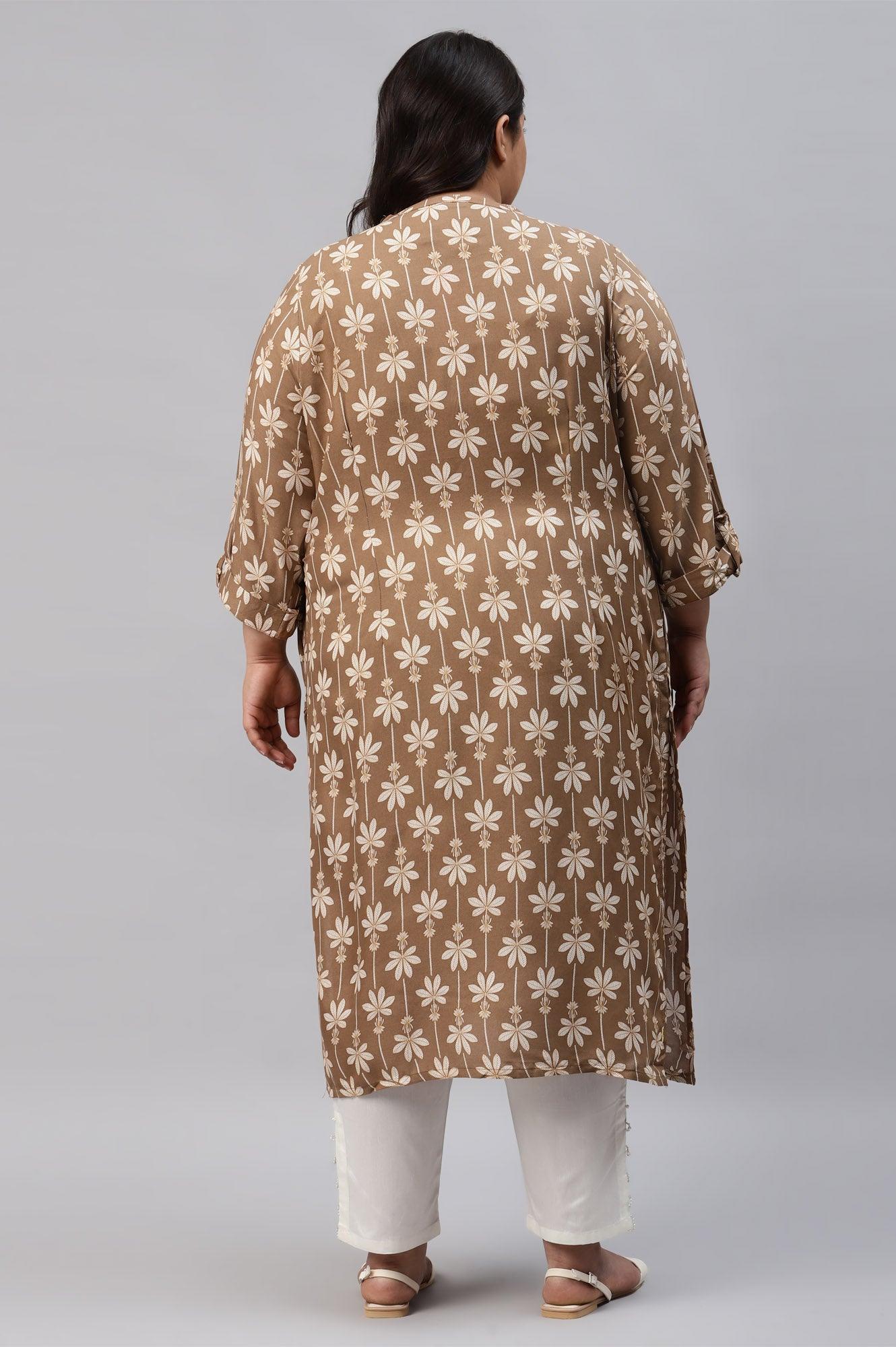 Plus Size Brown Printed Button Down kurta - wforwoman