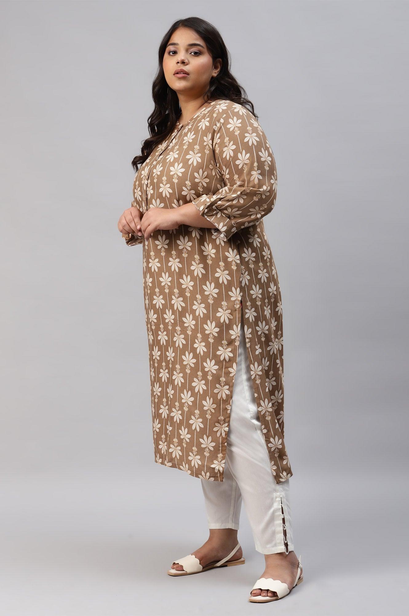 Plus Size Brown Printed Button Down kurta - wforwoman