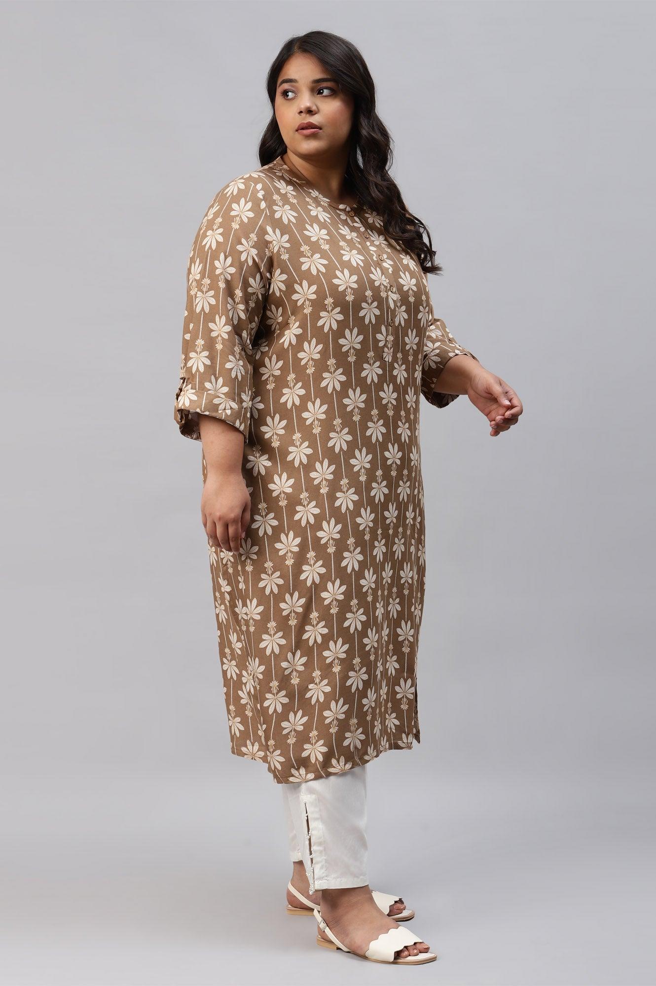 Plus Size Brown Printed Button Down kurta - wforwoman