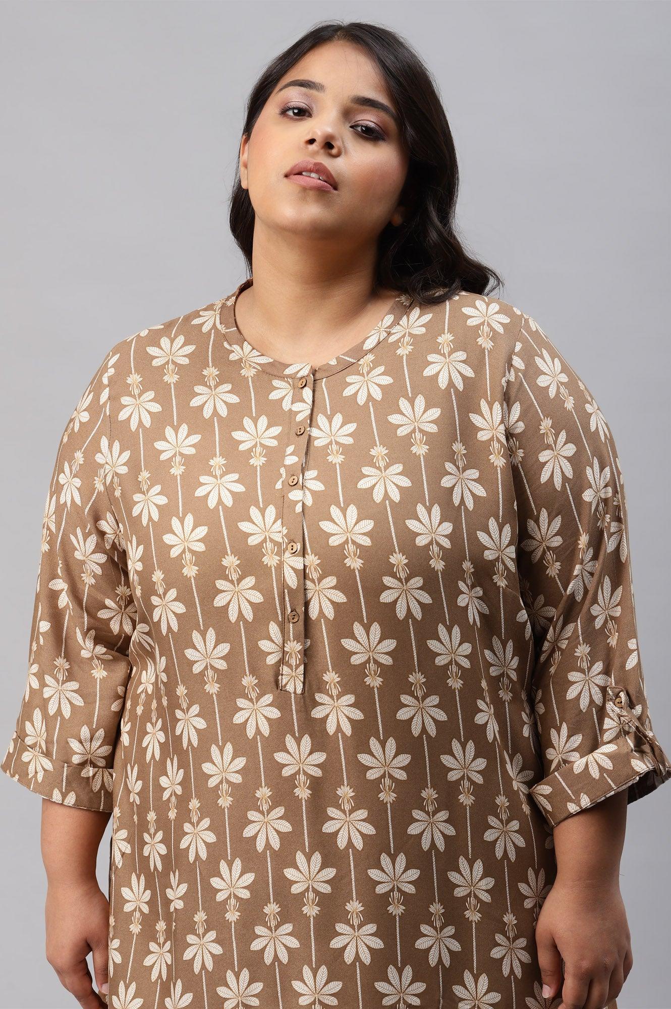 Plus Size Brown Printed Button Down kurta - wforwoman