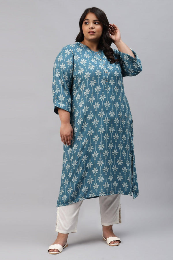 Plus Size Blue Rayon Button Down kurta