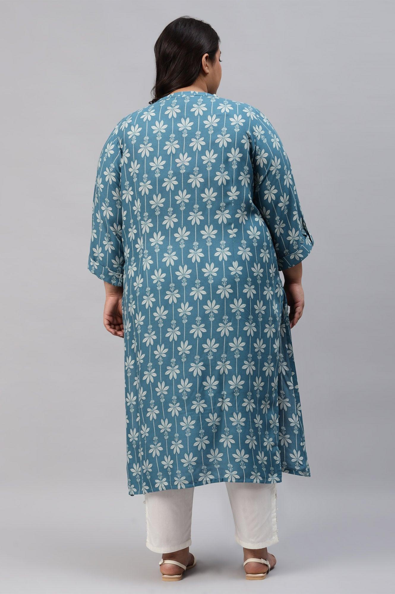 Plus Size Blue Rayon Button Down kurta - wforwoman