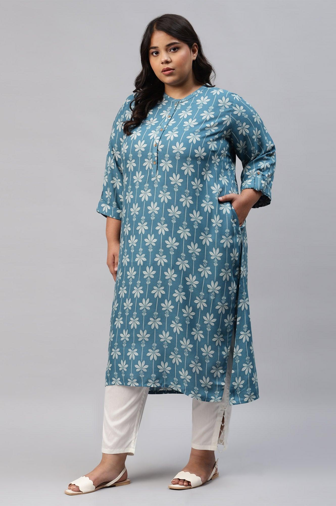 Plus Size Blue Rayon Button Down kurta - wforwoman