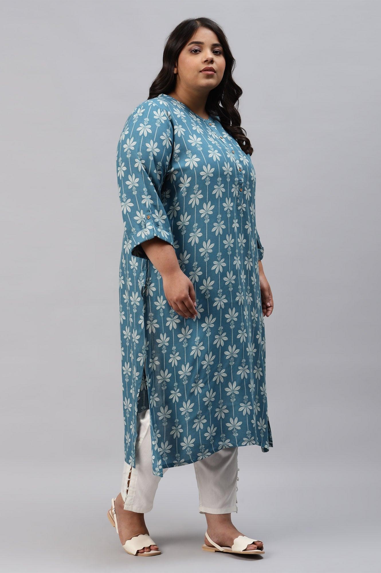 Plus Size Blue Rayon Button Down kurta - wforwoman