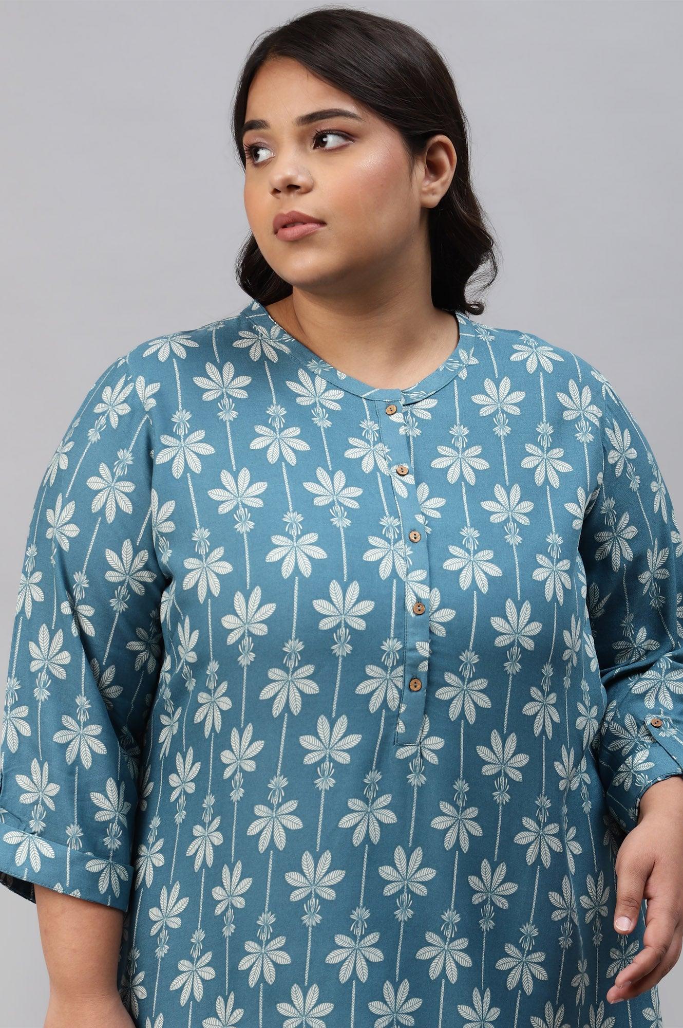 Plus Size Blue Rayon Button Down kurta - wforwoman