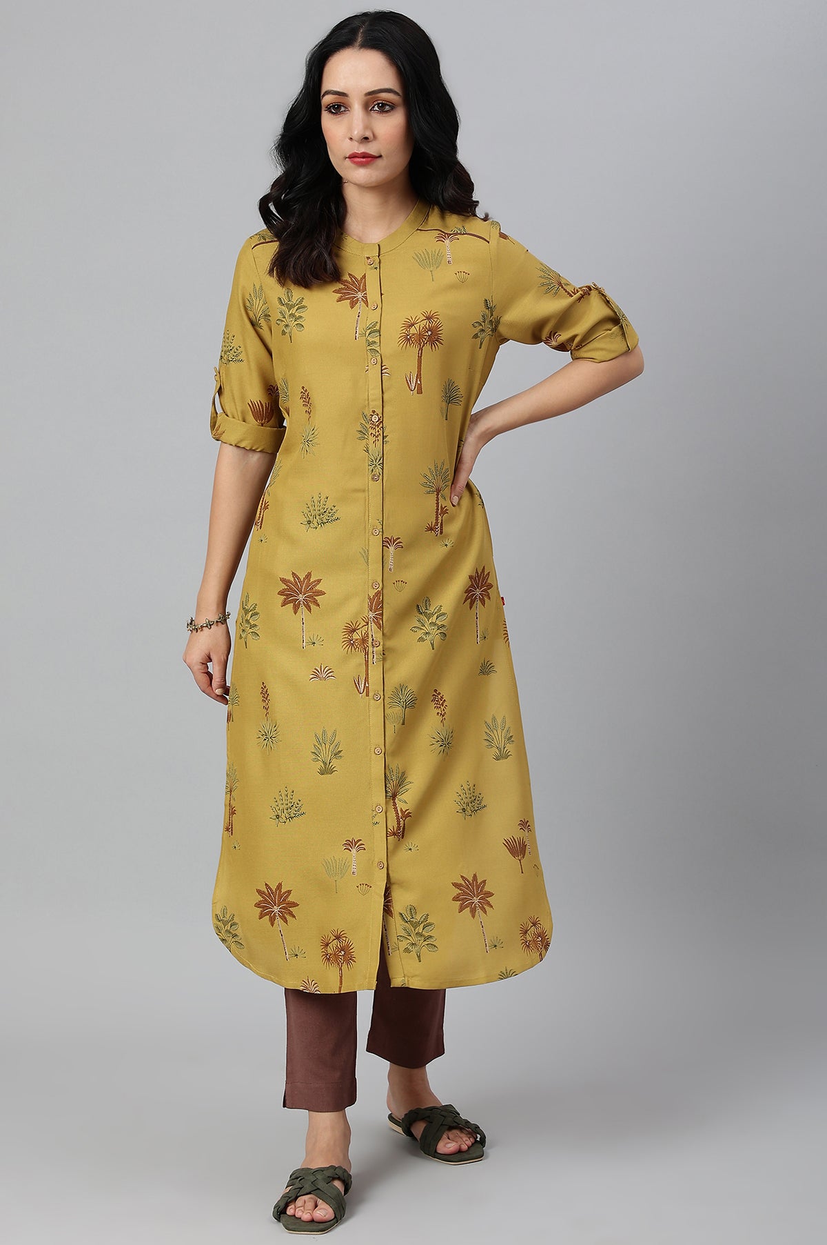 Mustard Rayon Printed Button Down Kurta - XS