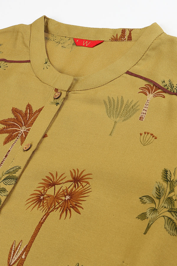 Mustard Rayon Printed Button Down Kurta