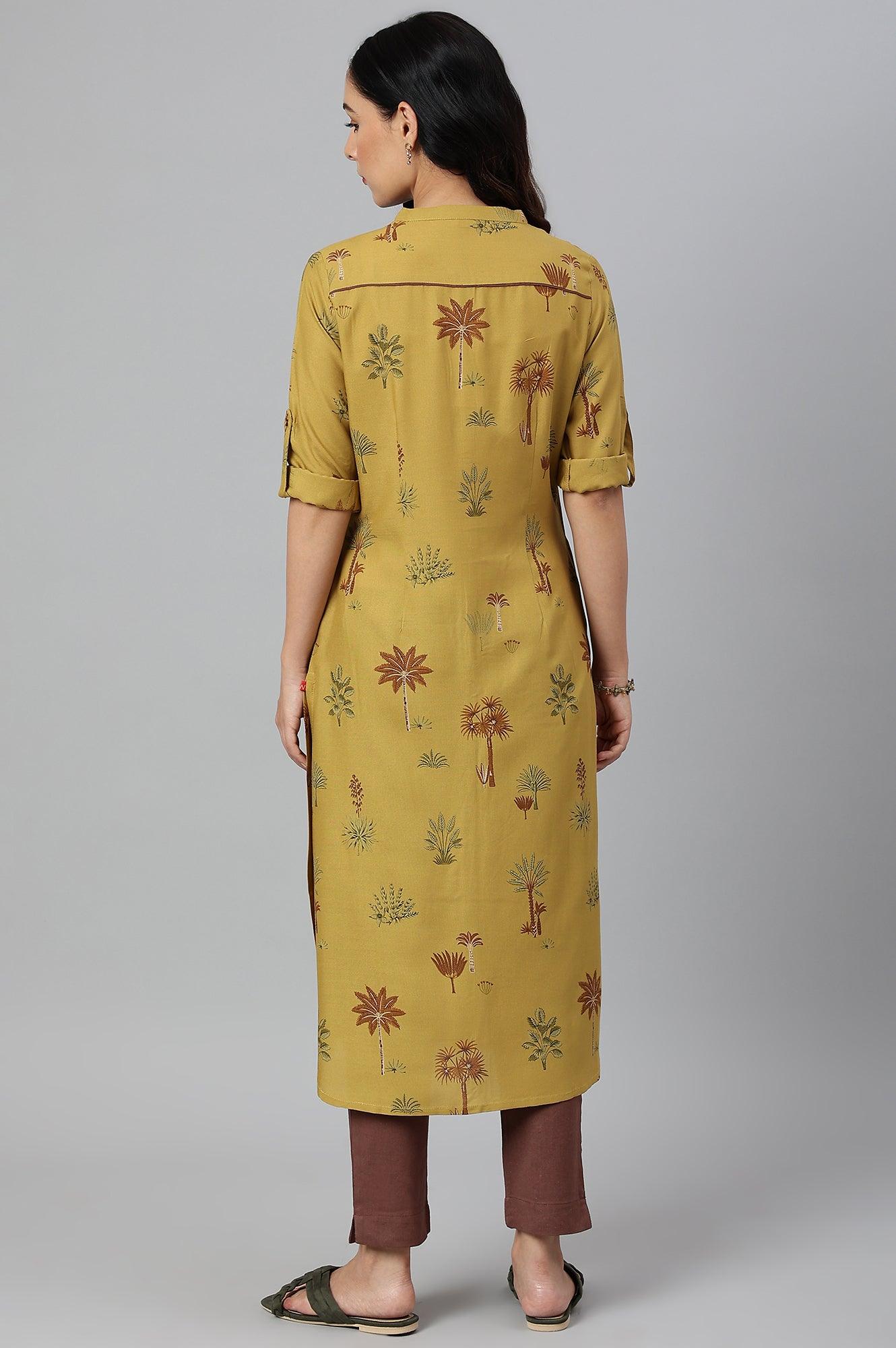Mustard Rayon Printed Button Down kurta - wforwoman