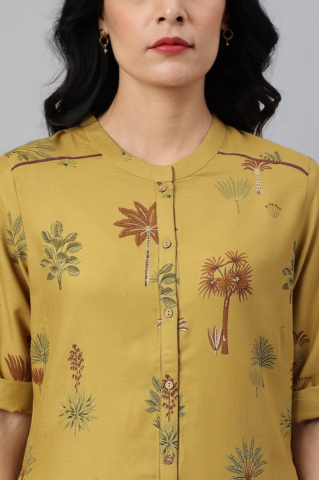 Mustard Rayon Printed Button Down kurta - wforwoman