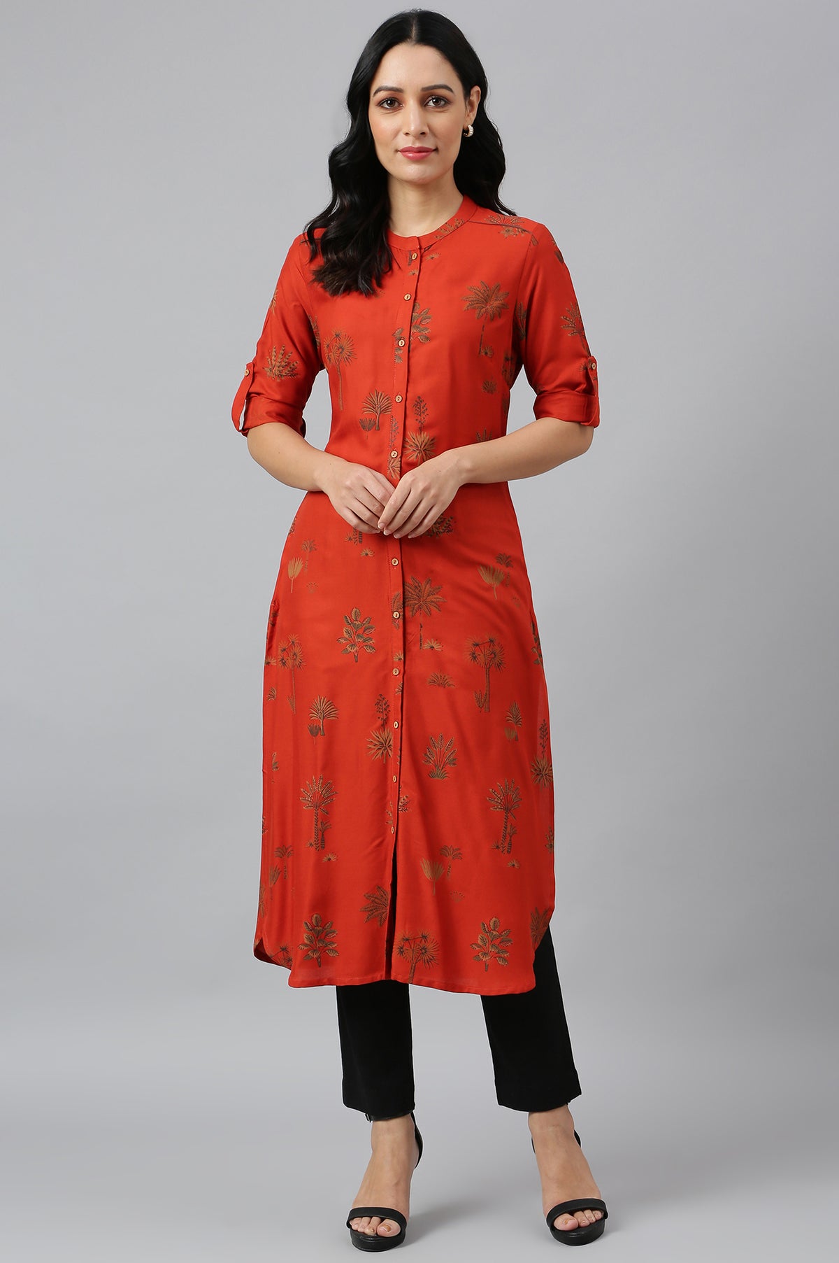 Rust Red Printed Button Down Kurta - XS