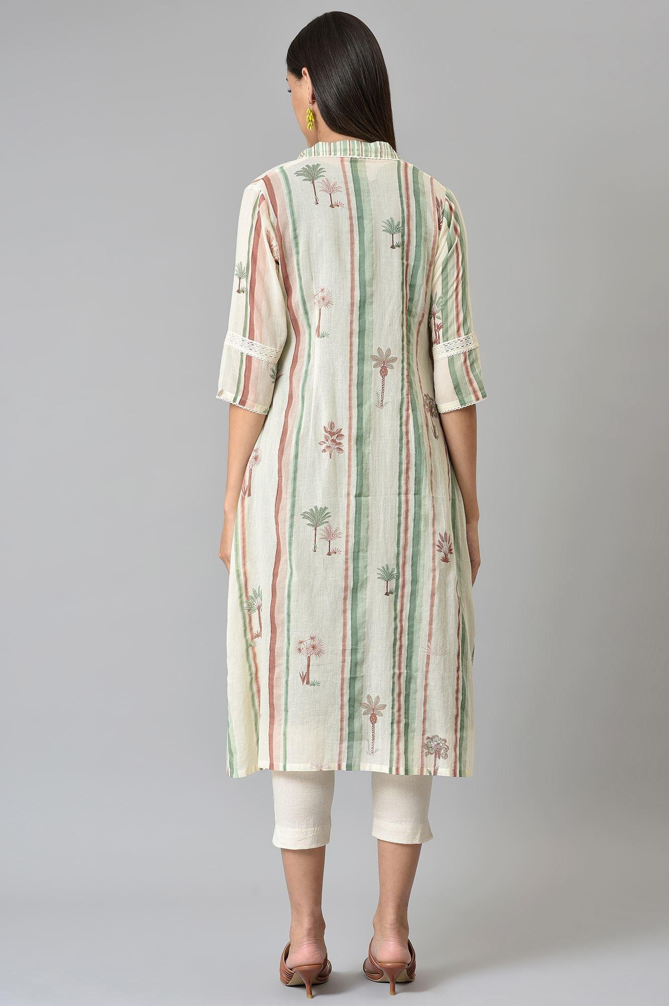 Green Schiffli kurta With Printed Jacket - wforwoman