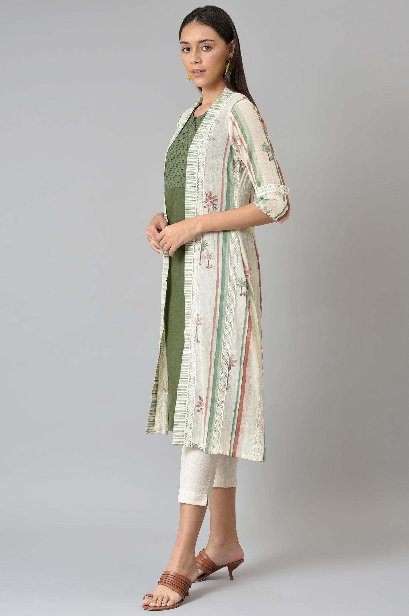 Green Schiffli kurta With Printed Jacket - wforwoman