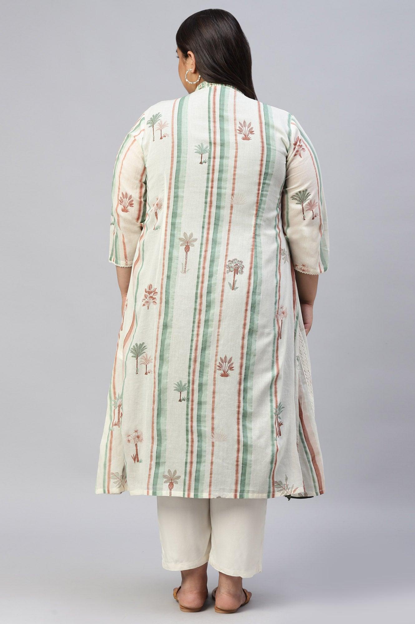 Green Plus Size Schiffli kurta With Printed Jacket - wforwoman