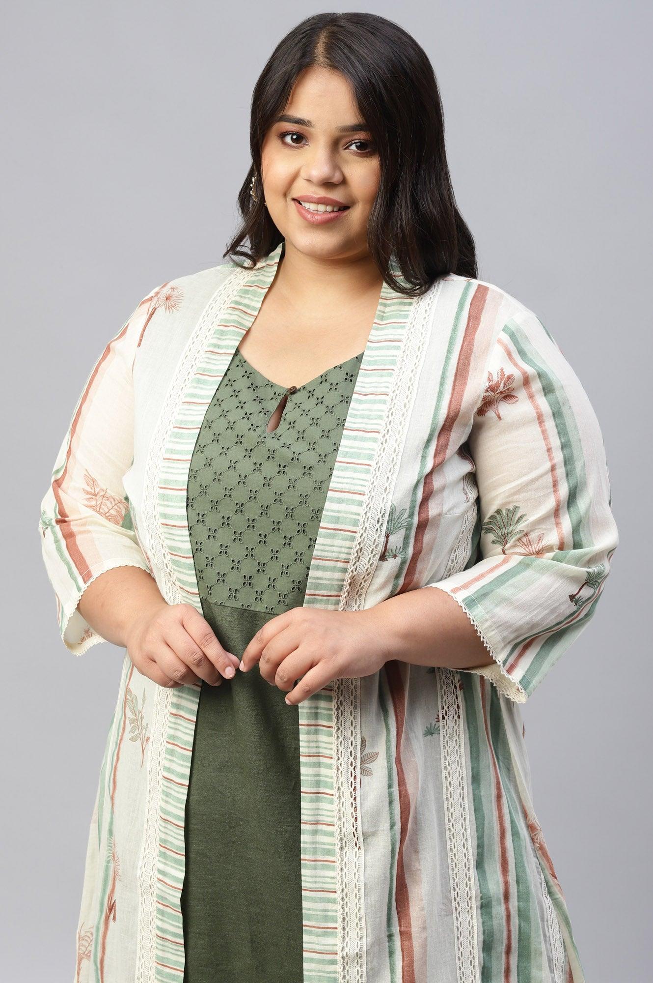 Green Plus Size Schiffli kurta With Printed Jacket - wforwoman
