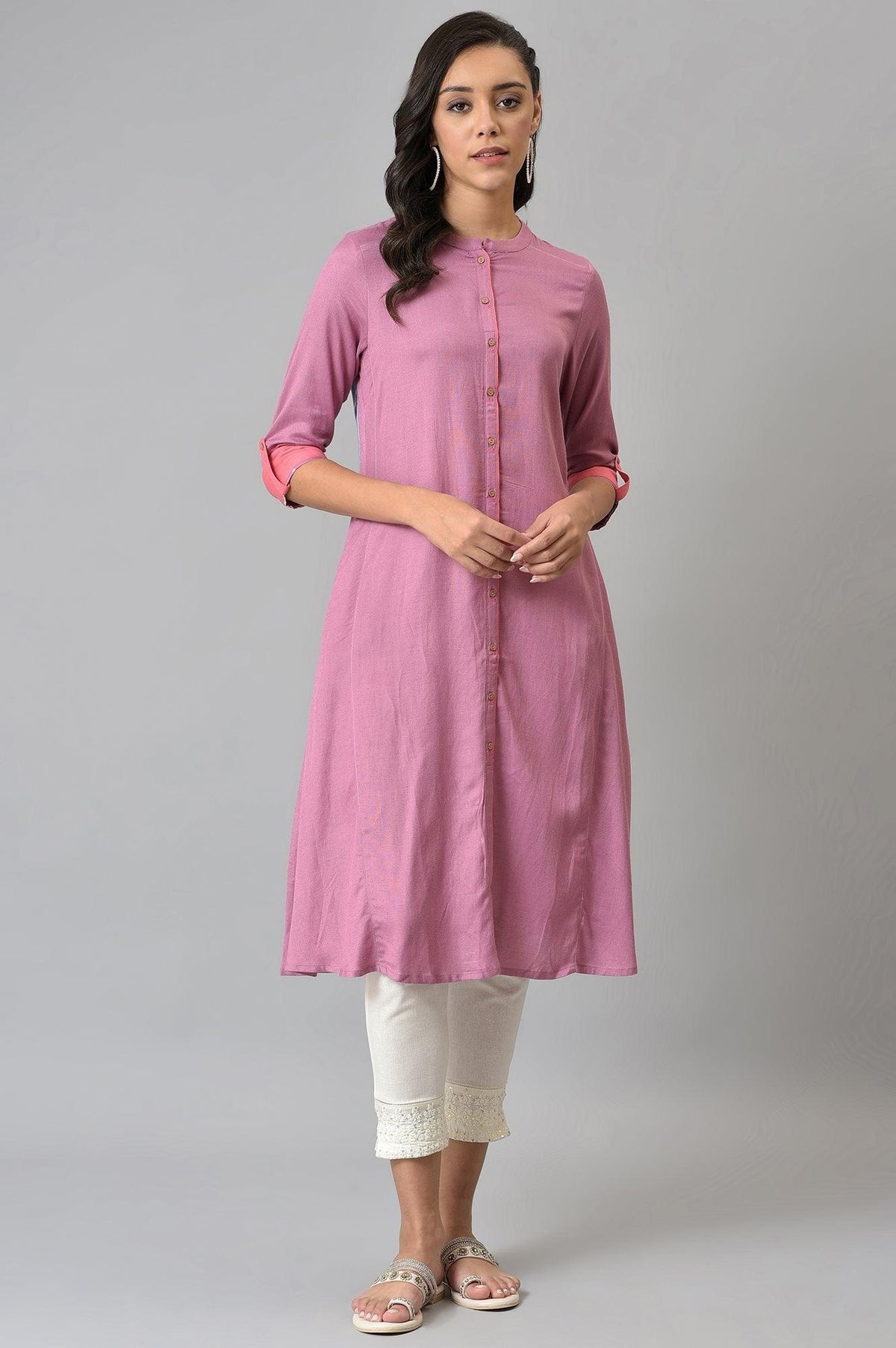 Dark Pink Flared Rayon kurta With Printed Back - S