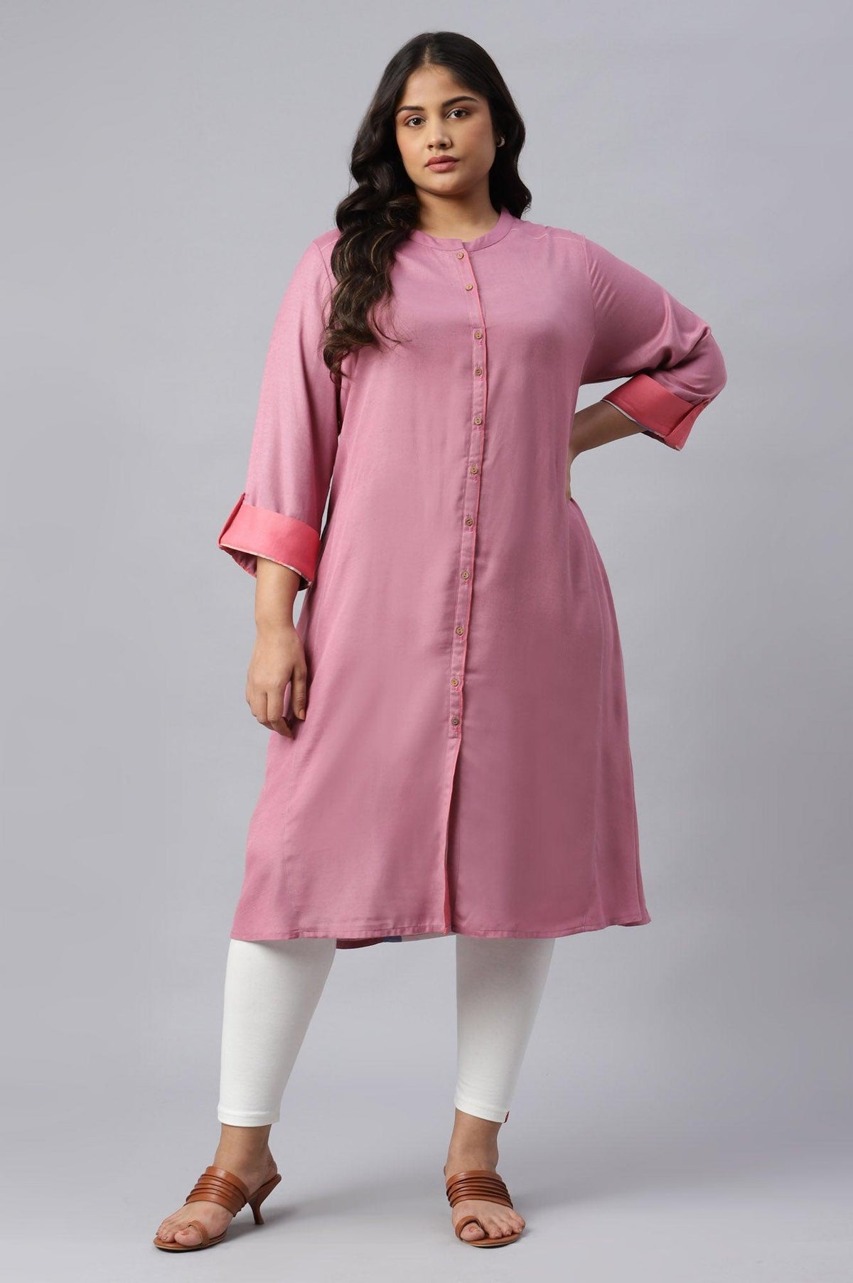 Dark Pink Flared Plus Size kurta In Mandarin Collar - XS