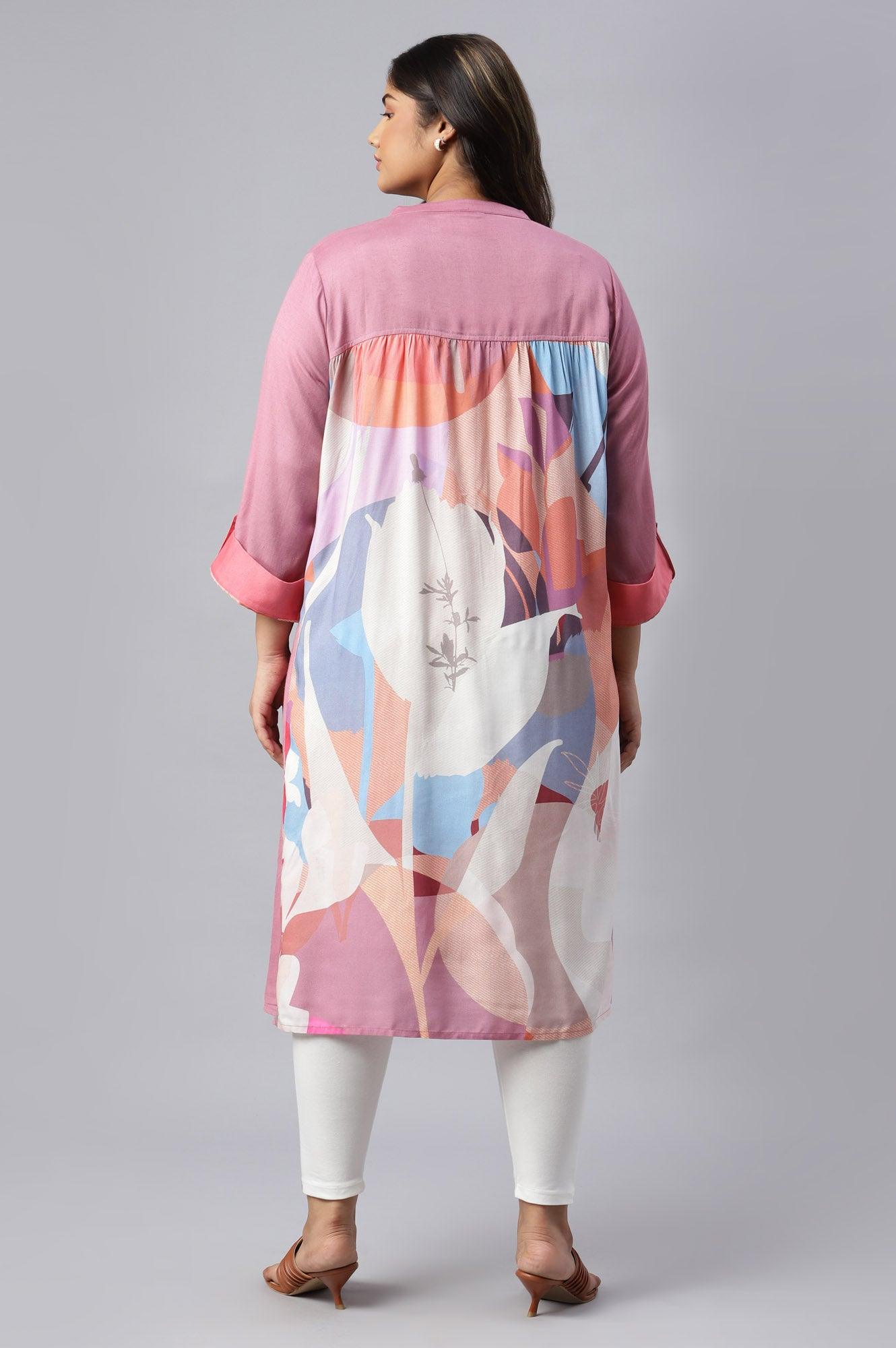 Dark Pink Flared Plus Size kurta In Mandarin Collar - wforwoman