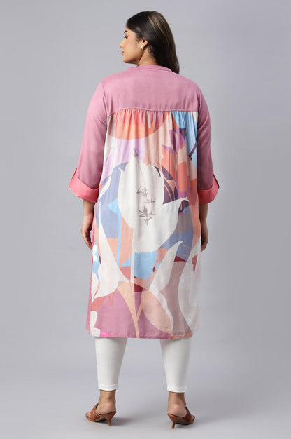 Dark Pink Flared Plus Size kurta In Mandarin Collar - wforwoman