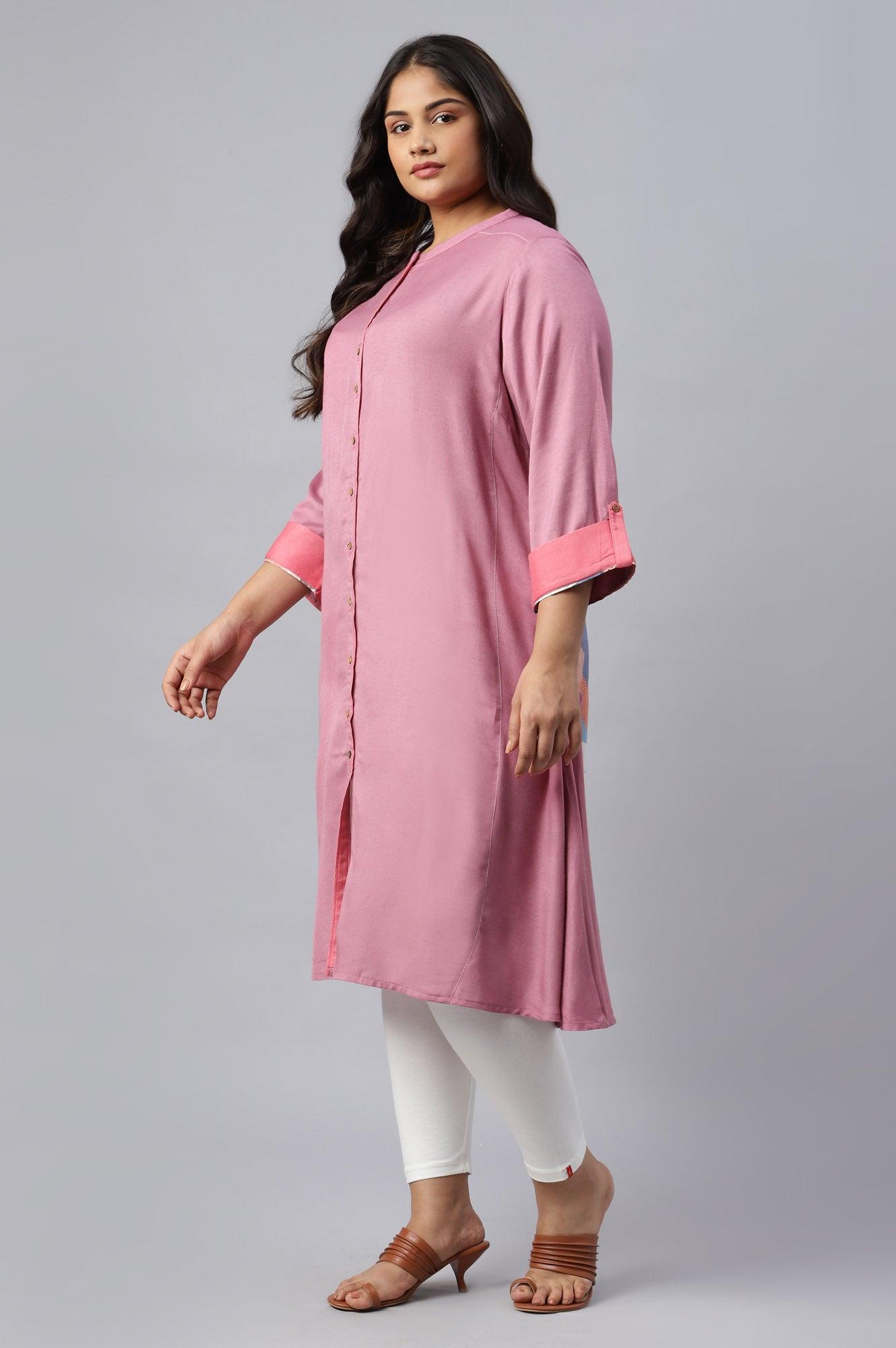 Dark Pink Flared Plus Size kurta In Mandarin Collar - wforwoman