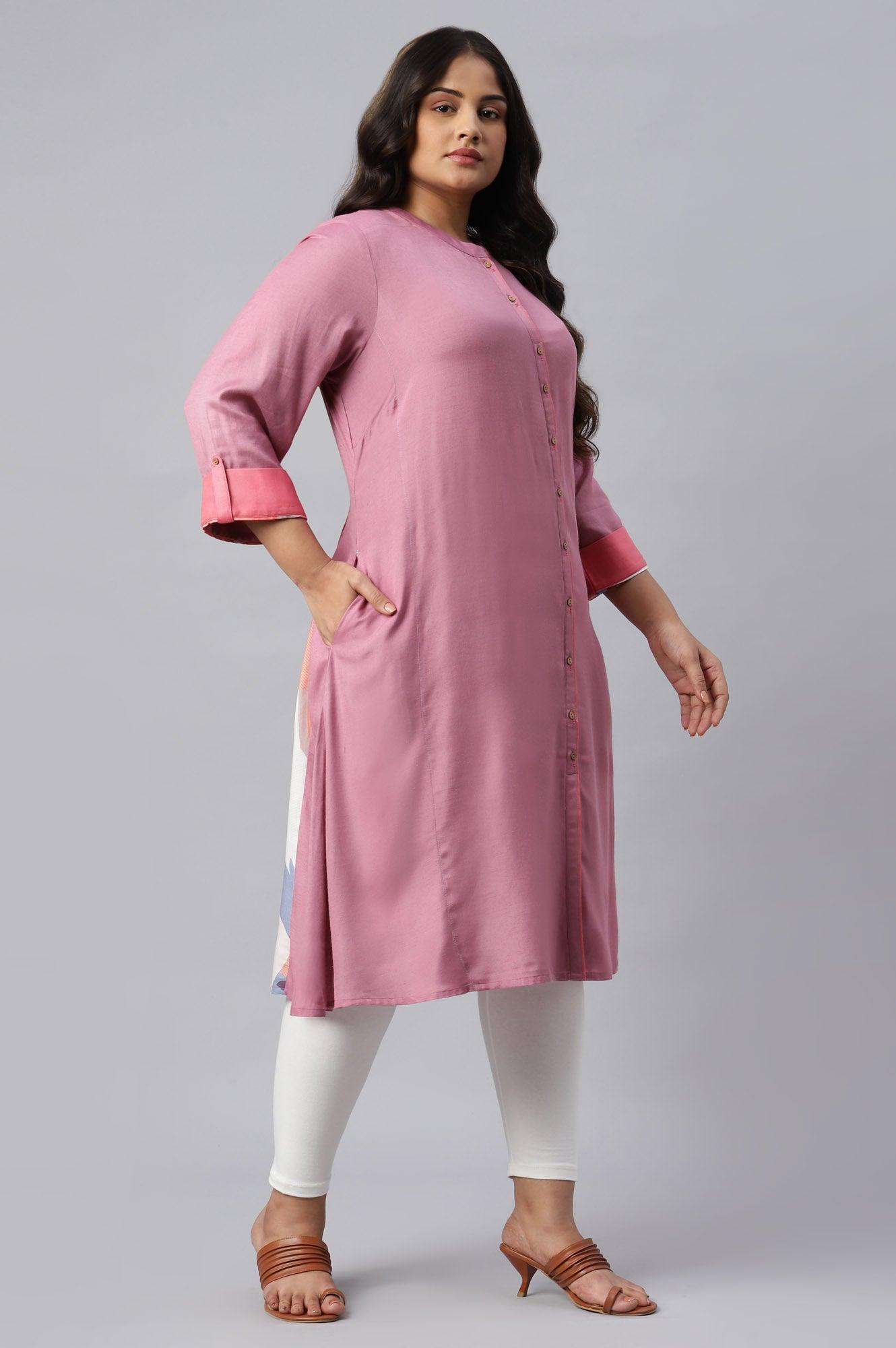 Dark Pink Flared Plus Size kurta In Mandarin Collar - wforwoman