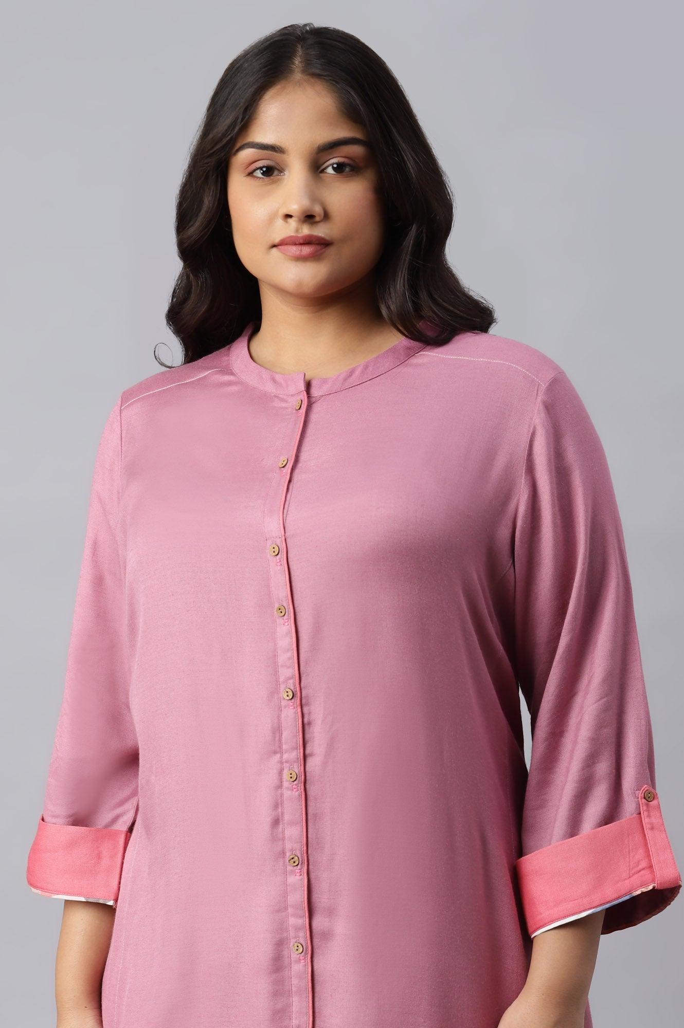 Dark Pink Flared Plus Size kurta In Mandarin Collar - wforwoman
