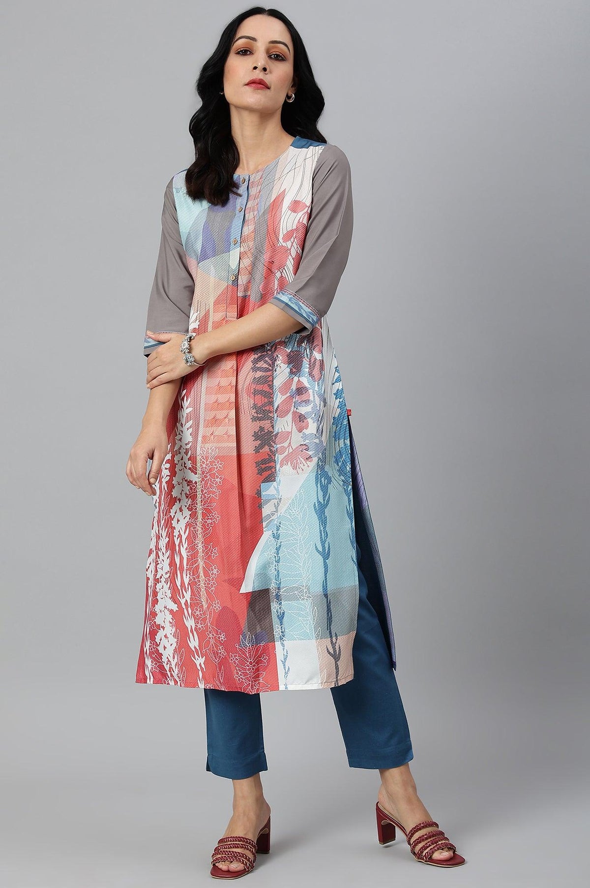 Multicoloured Panelled kurta With Grey Sleeves - XS