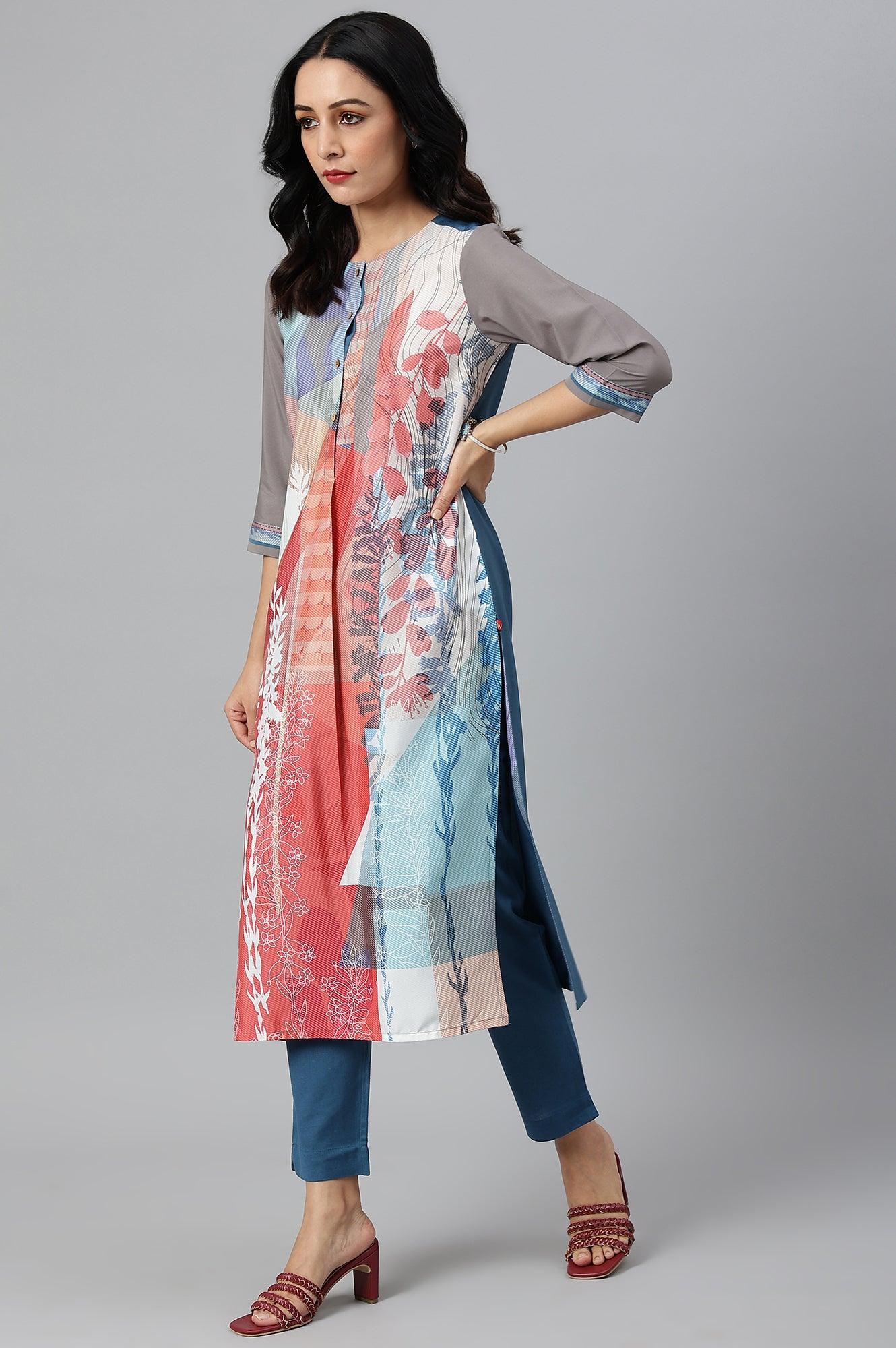 Multicoloured Panelled kurta With Grey Sleeves - wforwoman