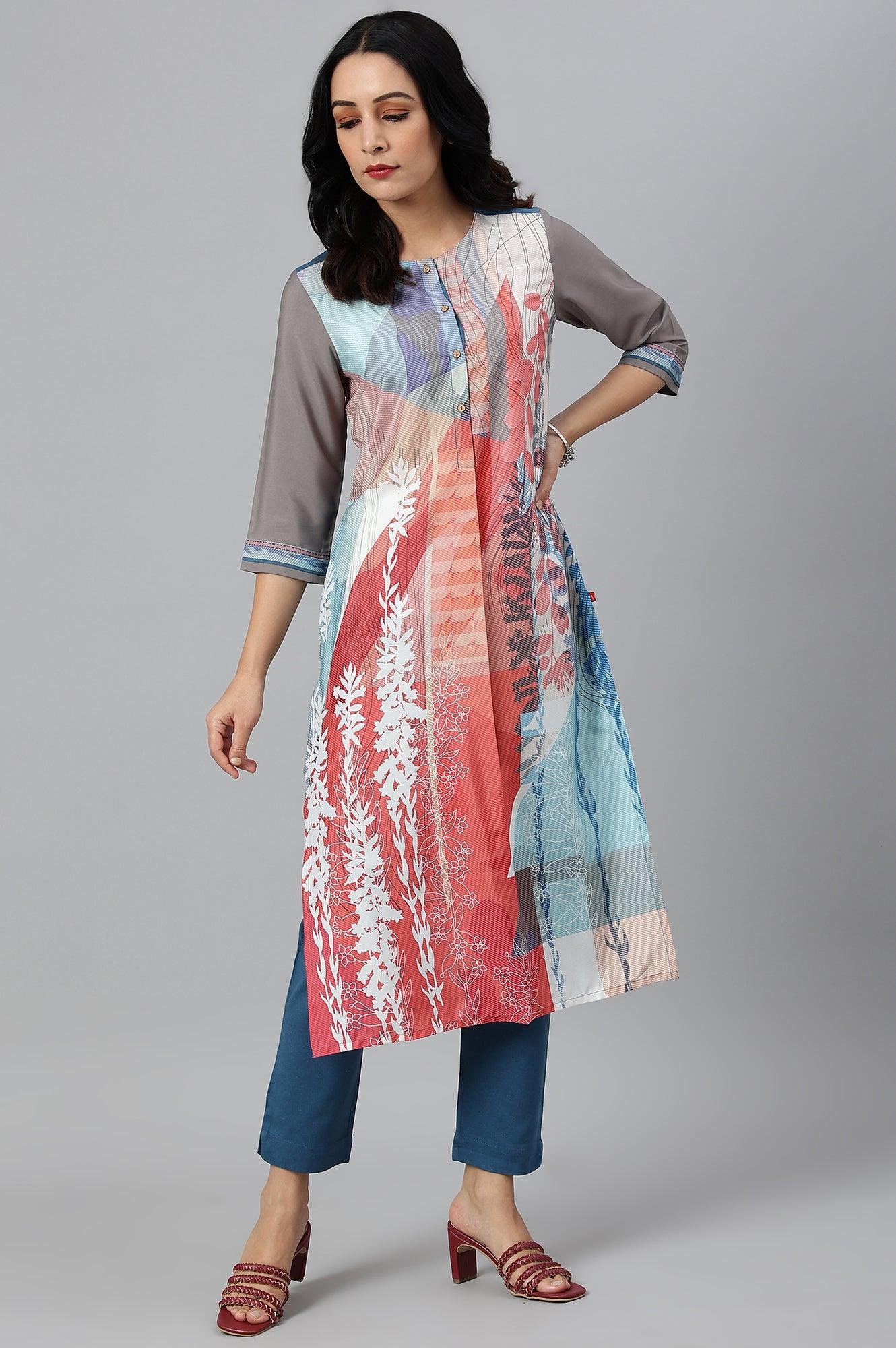 Multicoloured Panelled kurta With Grey Sleeves - wforwoman