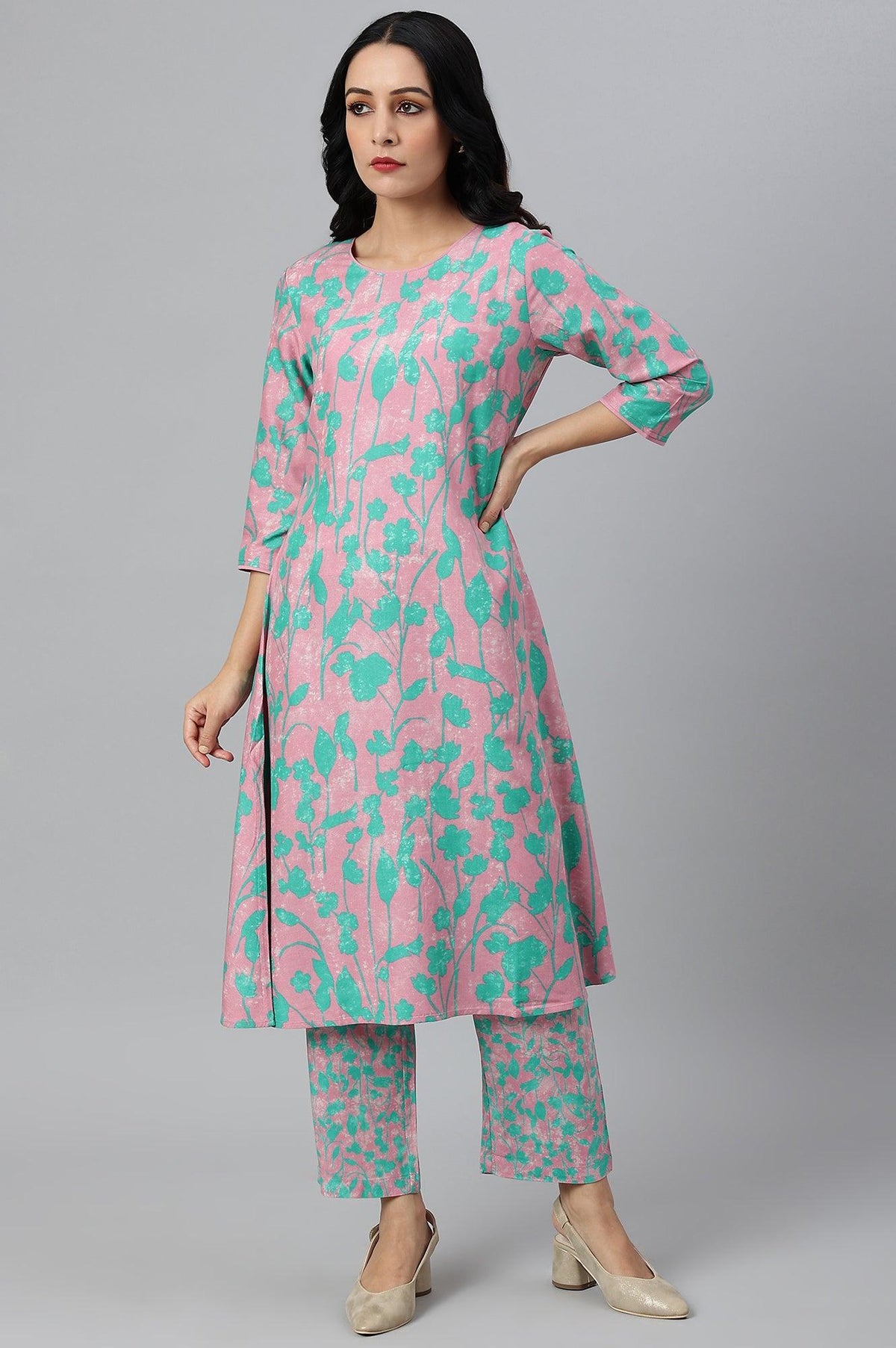 Light Purple Floral Print Straight kurta - XS