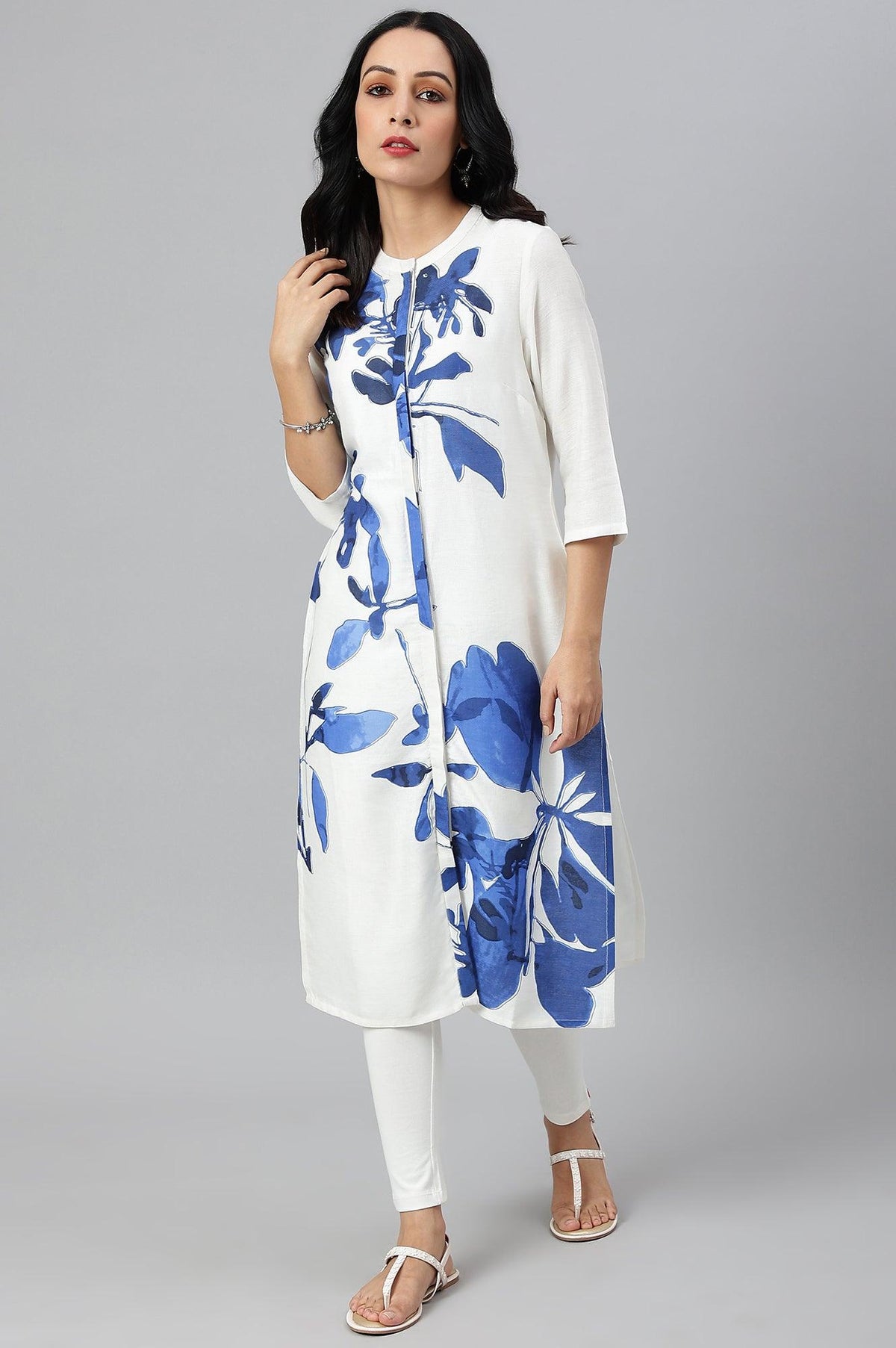 Ecru Placement kurta With Blue Floral Print - XS