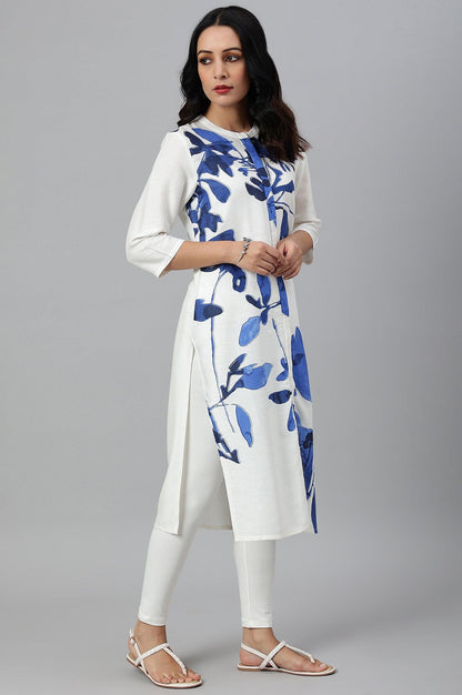 Ecru Placement kurta With Blue Floral Print - wforwoman