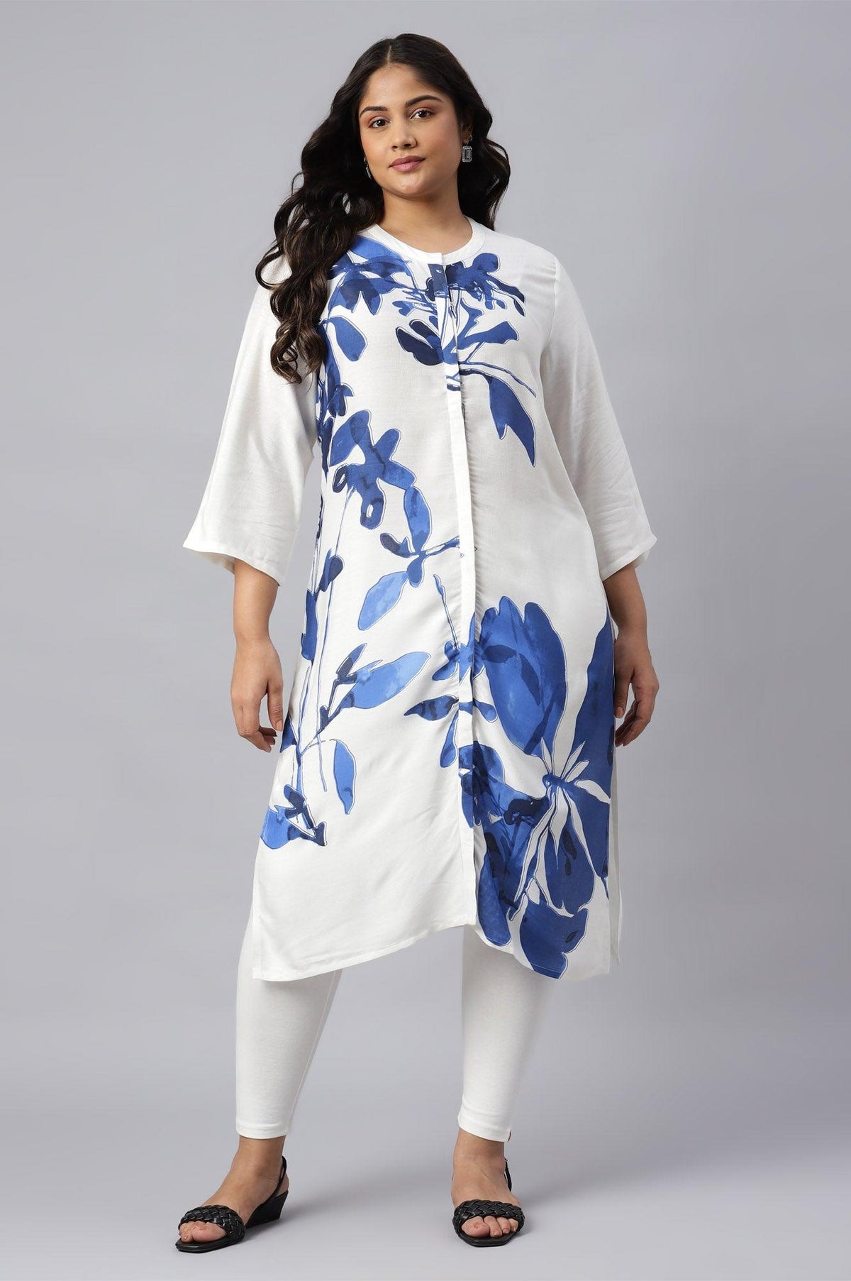 Ecru Placement Plus Size kurta With Blue Floral Print - XS