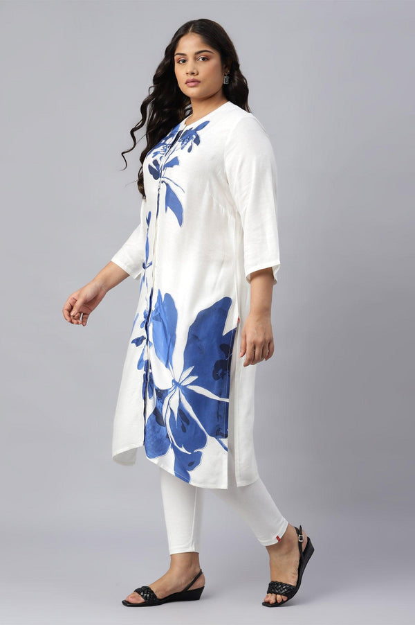 Ecru Placement Plus Size kurta With Blue Floral Print