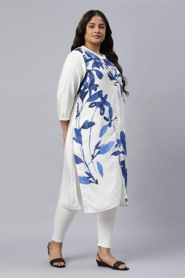 Ecru Placement Plus Size kurta With Blue Floral Print