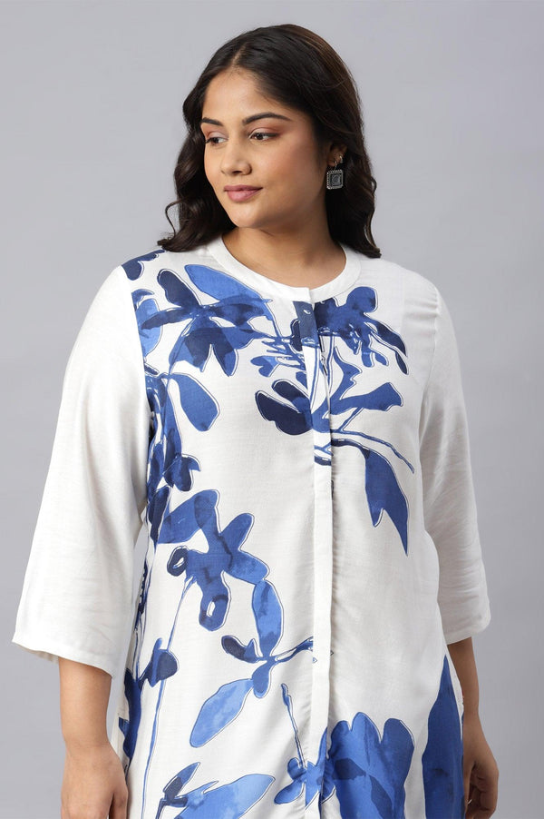 Ecru Placement Plus Size kurta With Blue Floral Print