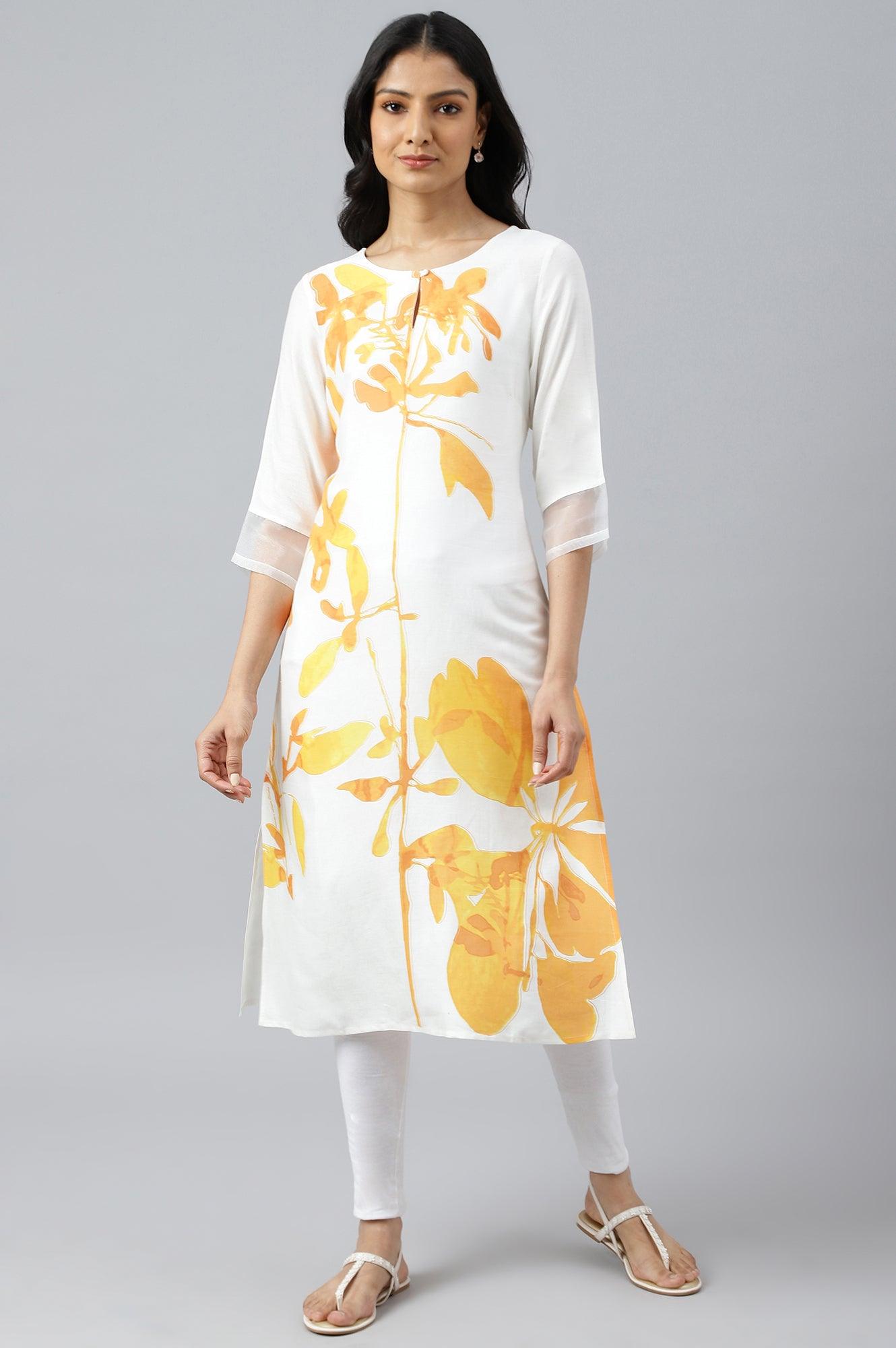 Ecru Placement kurta With Yellow Floral Print - wforwoman