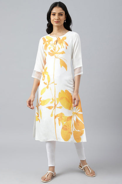 Ecru Placement kurta With Yellow Floral Print - wforwoman