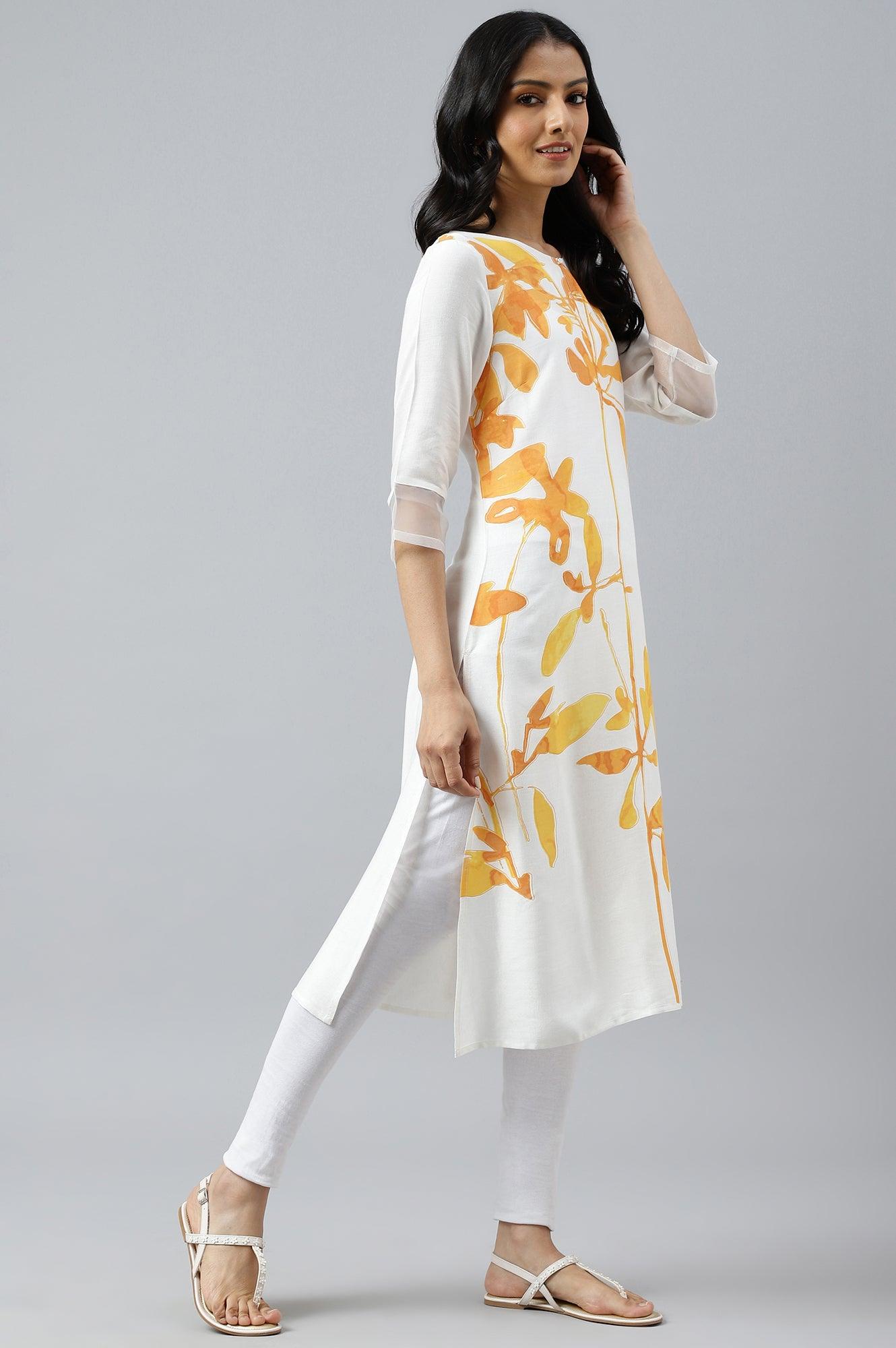 Ecru Placement kurta With Yellow Floral Print - wforwoman