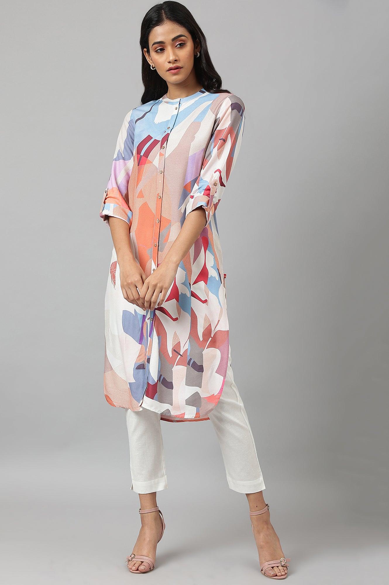 Multicoloured Full Placket Mandarin Collar kurta - wforwoman