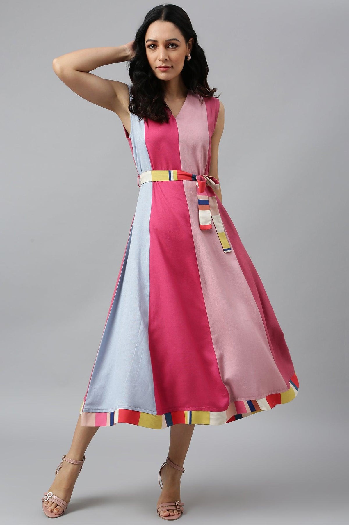 Bright Multicoloured Colour Block Sleeveless Dress - XS