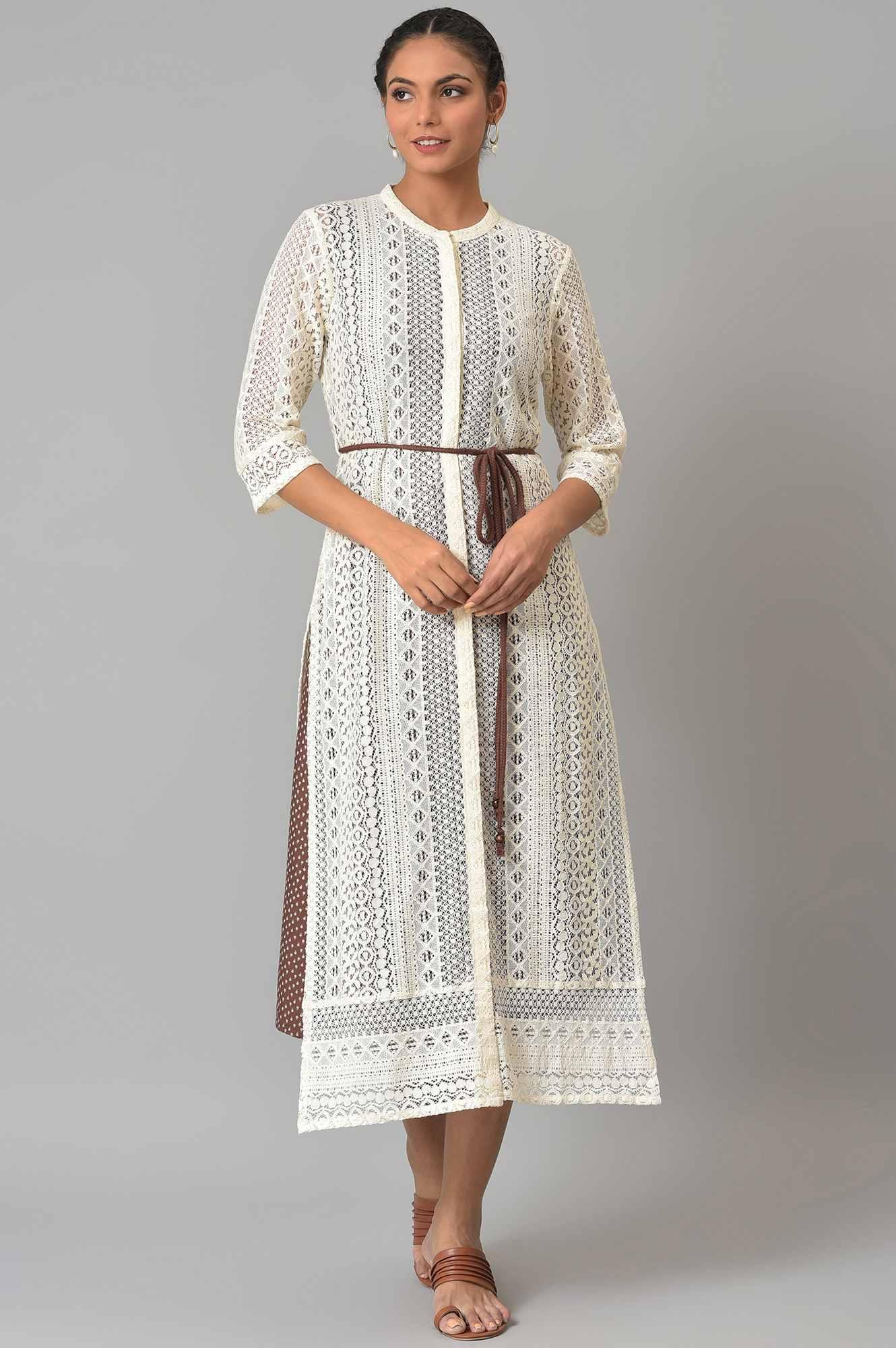 Ecru Crochet Jacket With A-Line Brown kurta - wforwoman