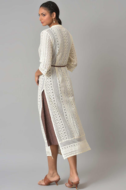 Ecru Crochet Jacket With A-Line Brown kurta - wforwoman