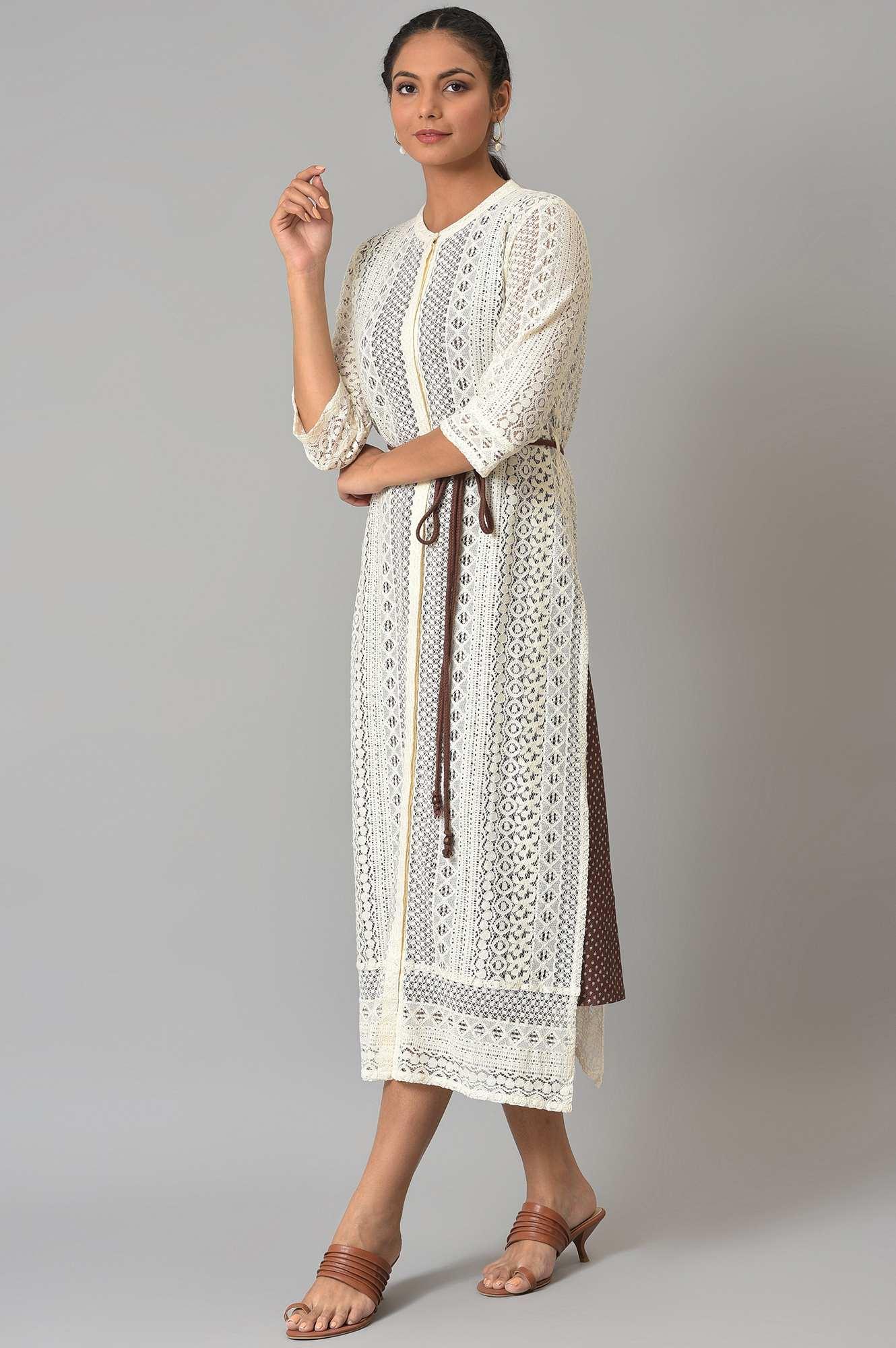 Ecru Crochet Jacket With A-Line Brown kurta - wforwoman