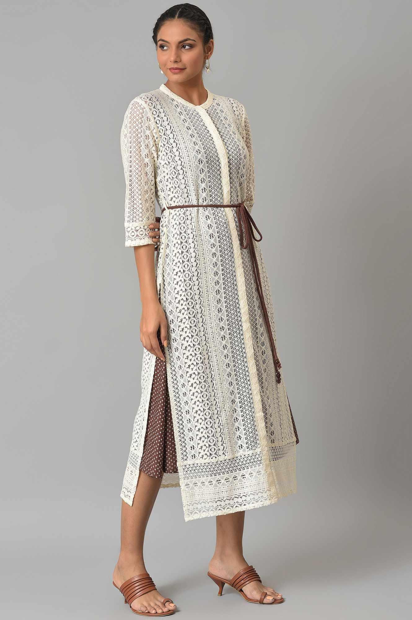 Ecru Crochet Jacket With A-Line Brown kurta - wforwoman
